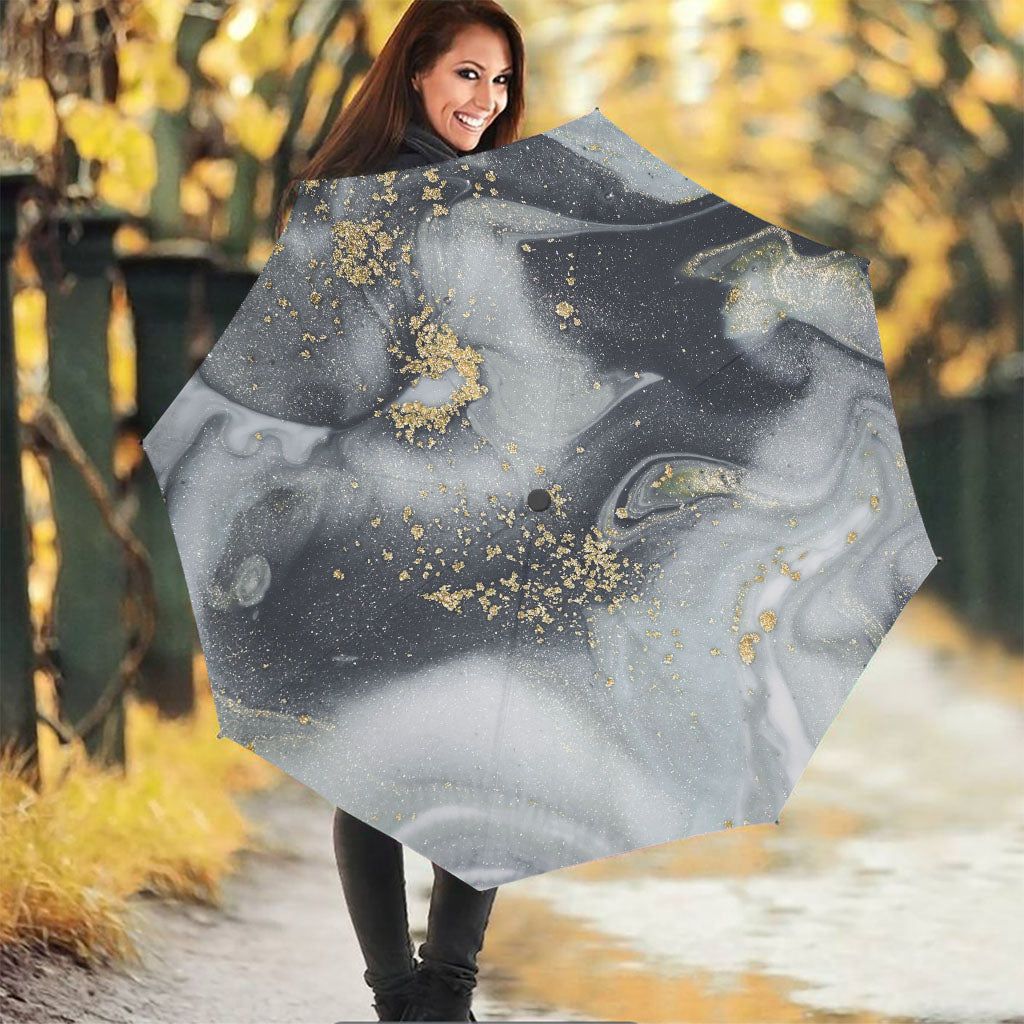 Grey Gold Liquid Marble Print Foldable Umbrella