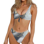 Grey Gold Liquid Marble Print Front Bow Tie Bikini