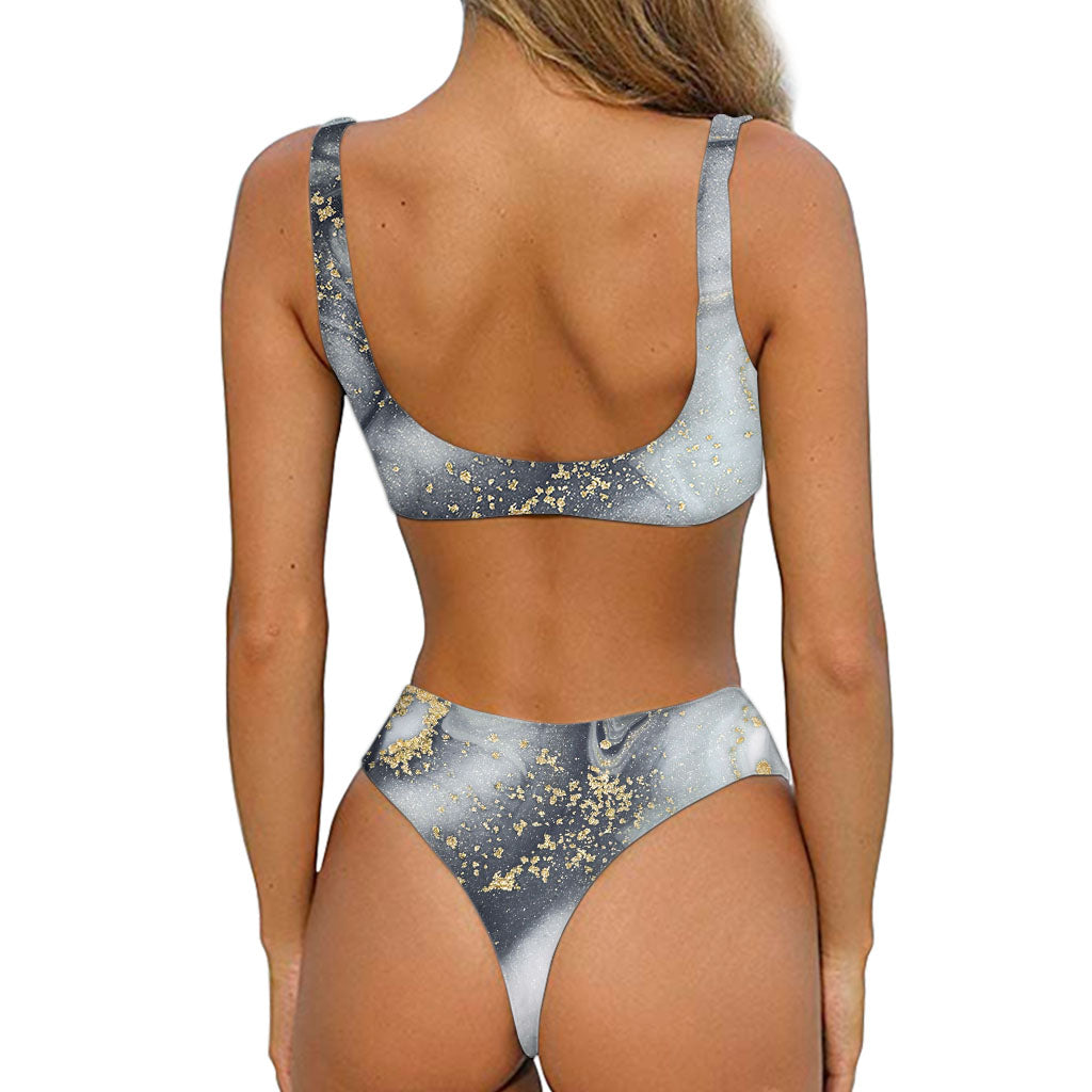 Grey Gold Liquid Marble Print Front Bow Tie Bikini