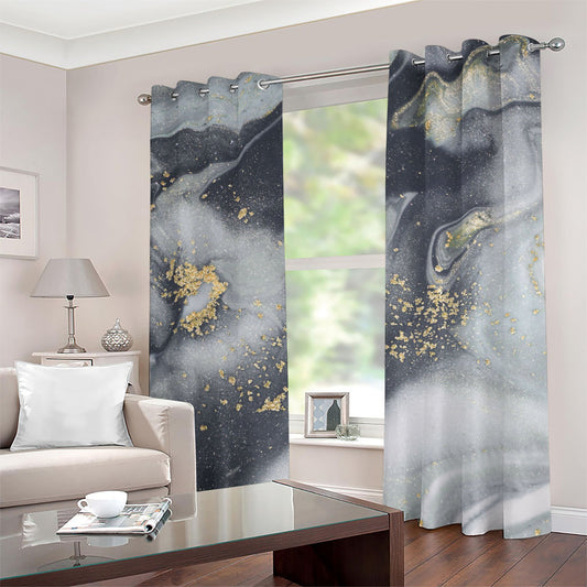 Grey Gold Liquid Marble Print Grommet Curtains