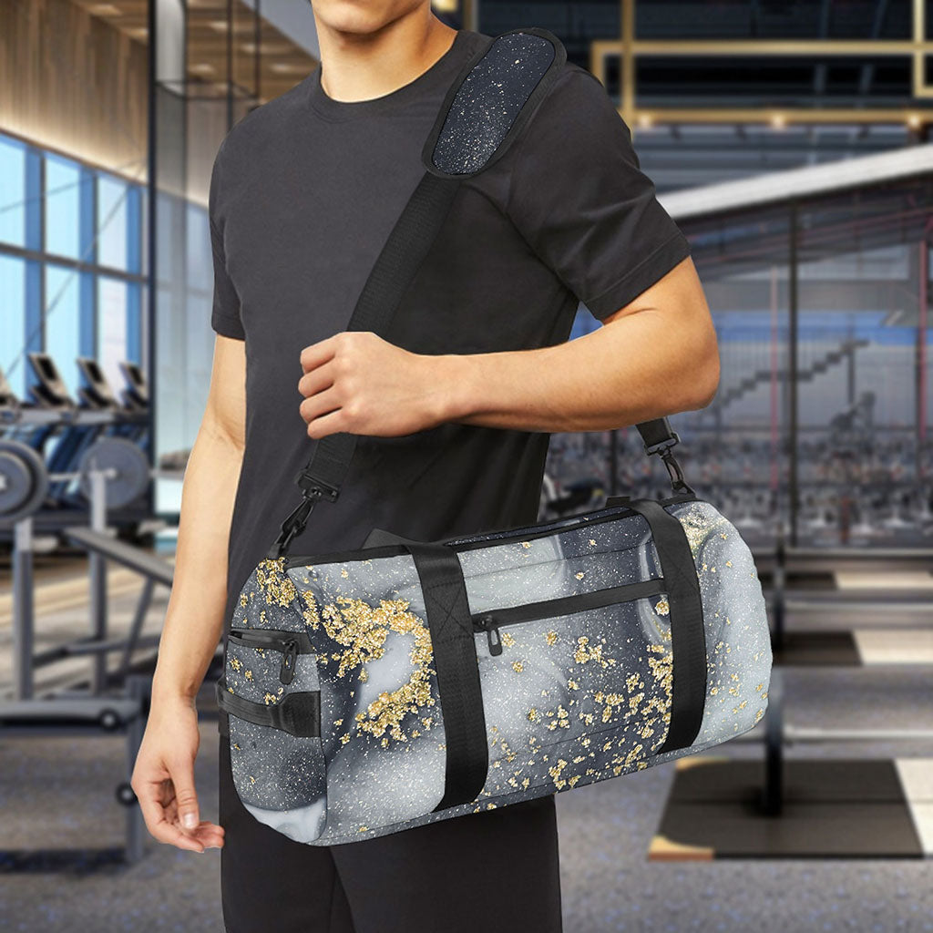 Grey Gold Liquid Marble Print Gym Bag