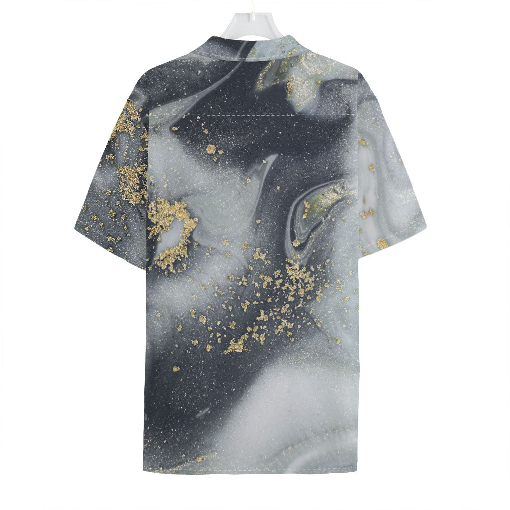 Grey Gold Liquid Marble Print Hawaiian Shirt