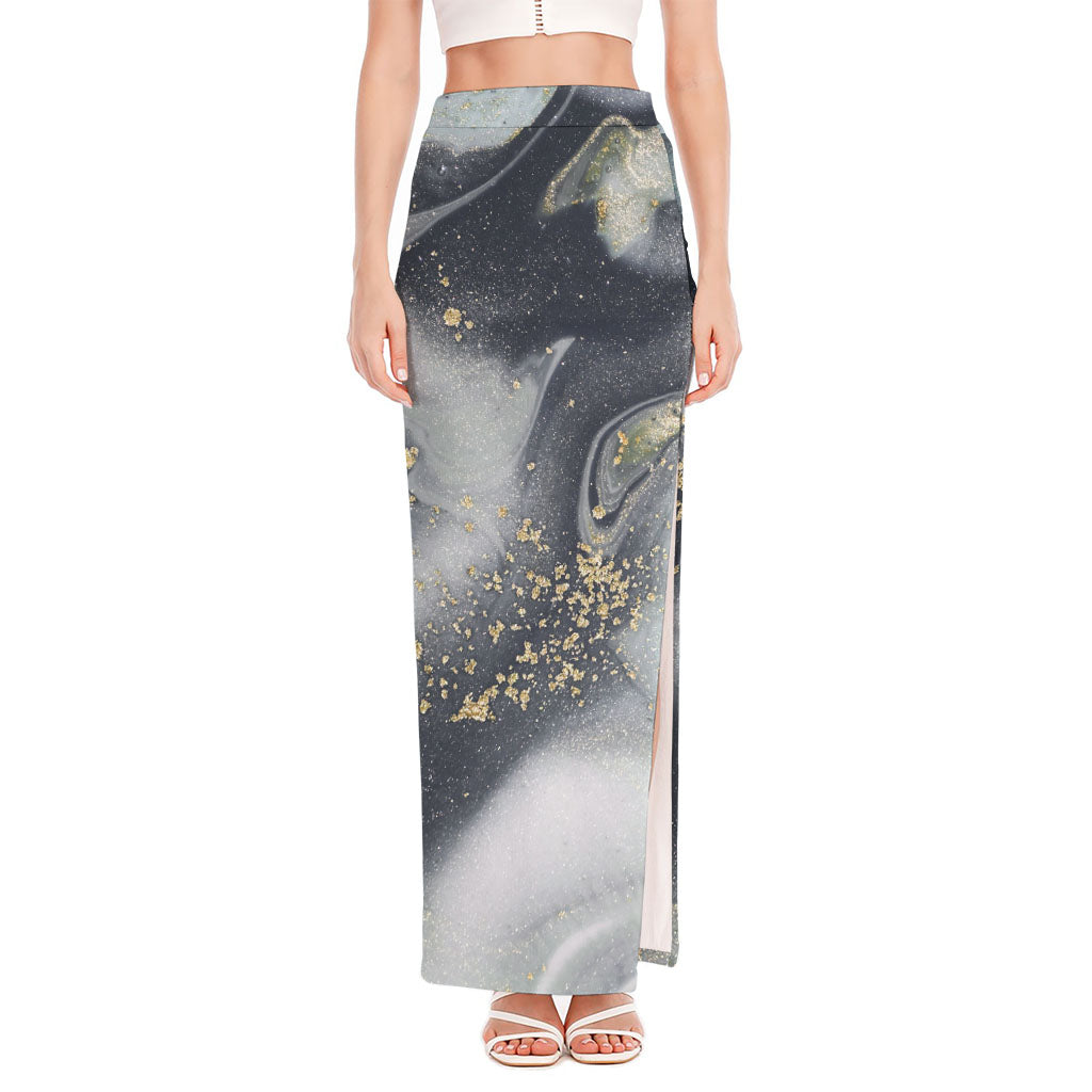 Grey Gold Liquid Marble Print High Slit Maxi Skirt