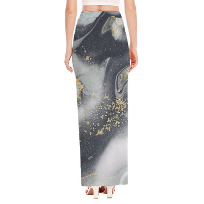 Grey Gold Liquid Marble Print High Slit Maxi Skirt