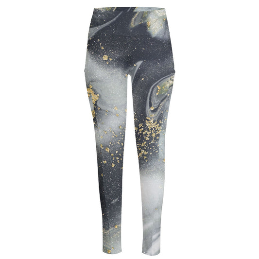 Grey Gold Liquid Marble Print High-Waisted Pocket Leggings