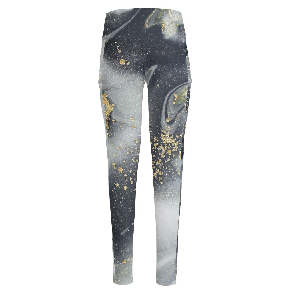 Grey Gold Liquid Marble Print High-Waisted Pocket Leggings