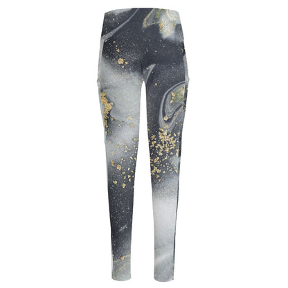 Grey Gold Liquid Marble Print High-Waisted Pocket Leggings