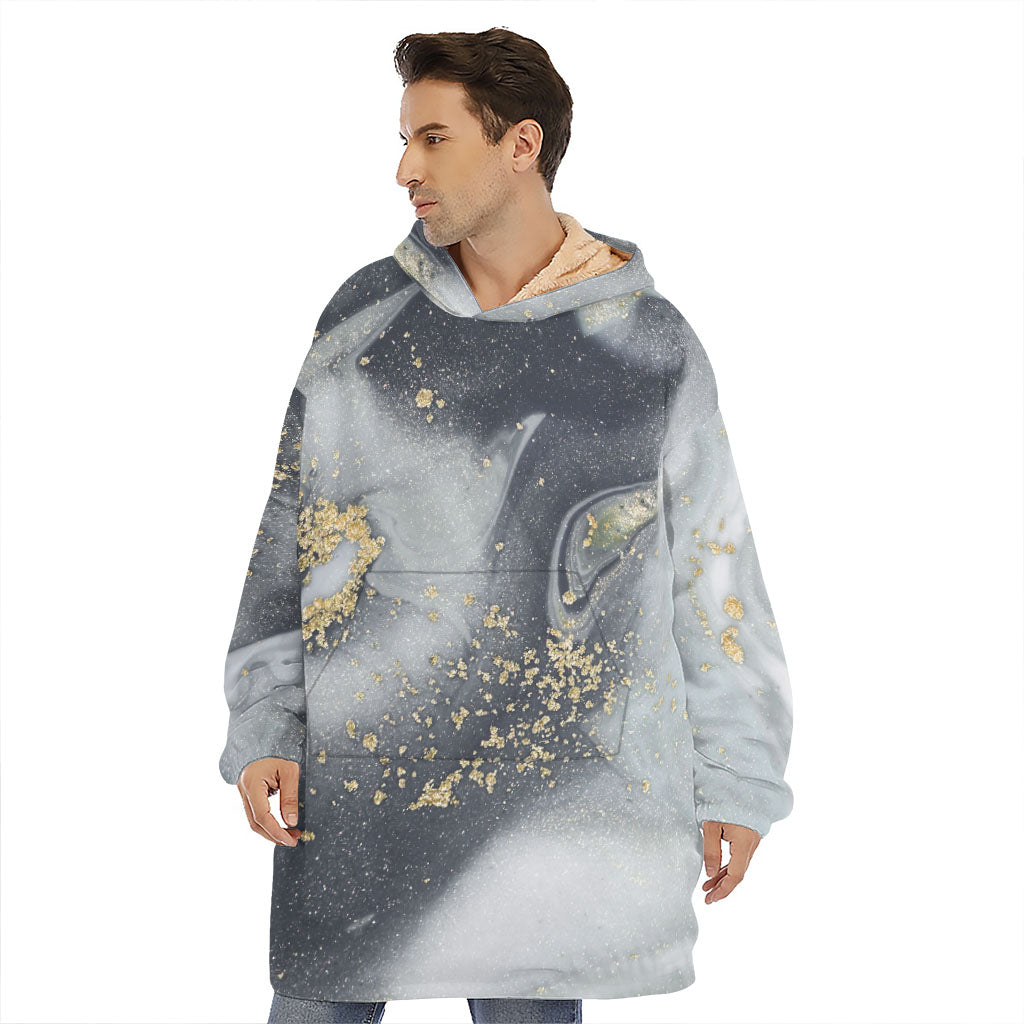 Grey Gold Liquid Marble Print Hoodie Blanket