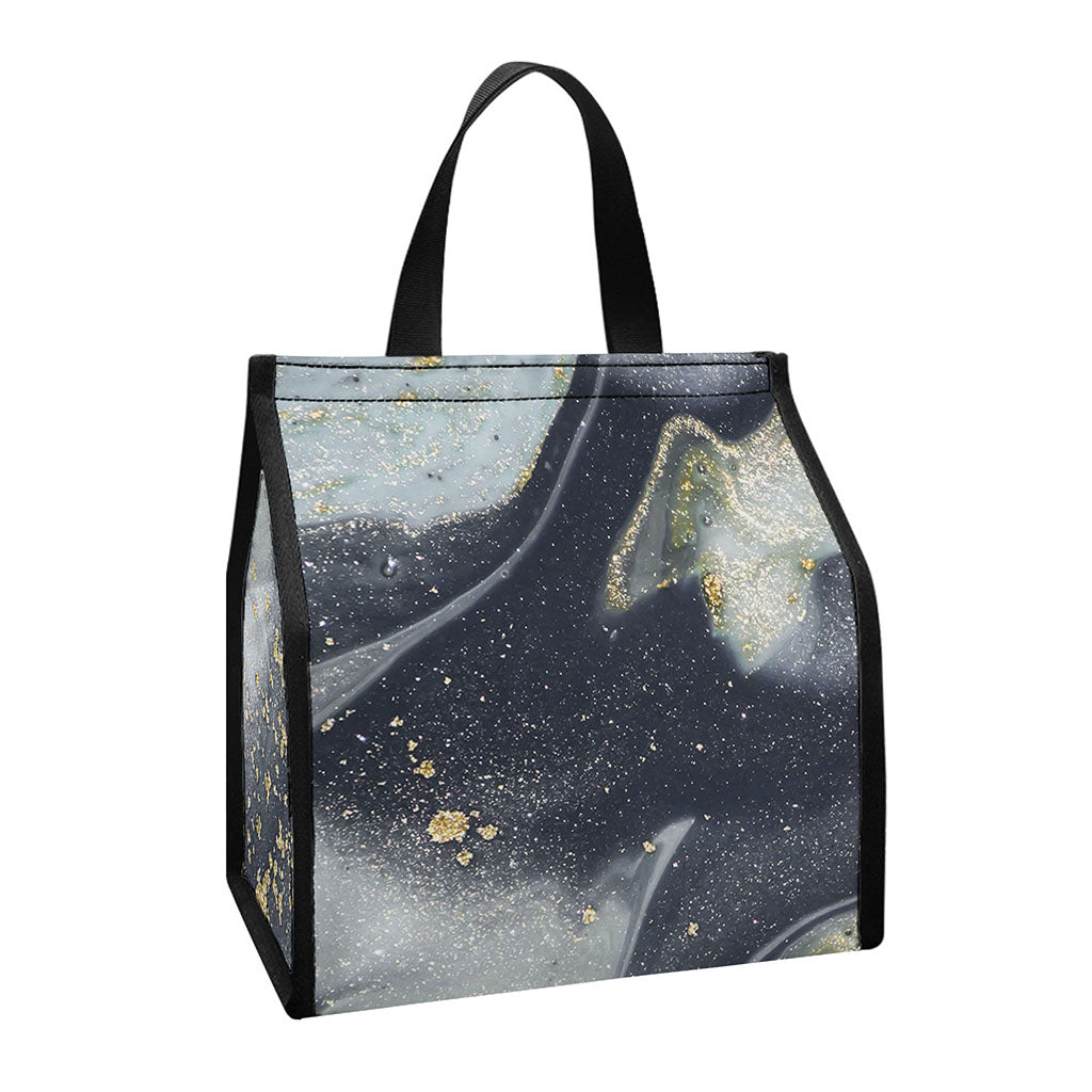 Grey Gold Liquid Marble Print Insulated Lunch Tote