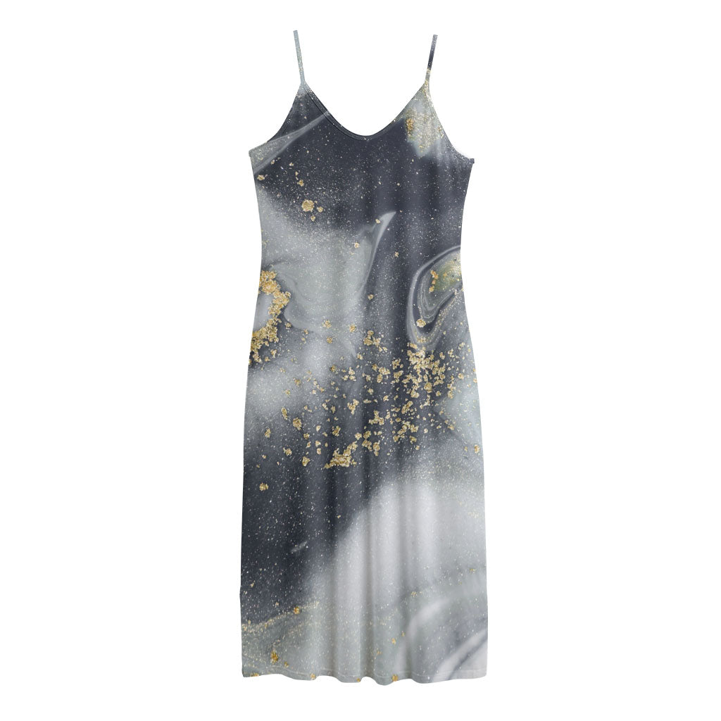 Grey Gold Liquid Marble Print Jersey Midi Cami Dress