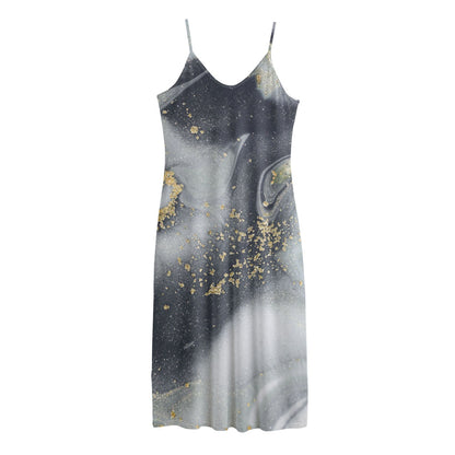 Grey Gold Liquid Marble Print Jersey Midi Cami Dress
