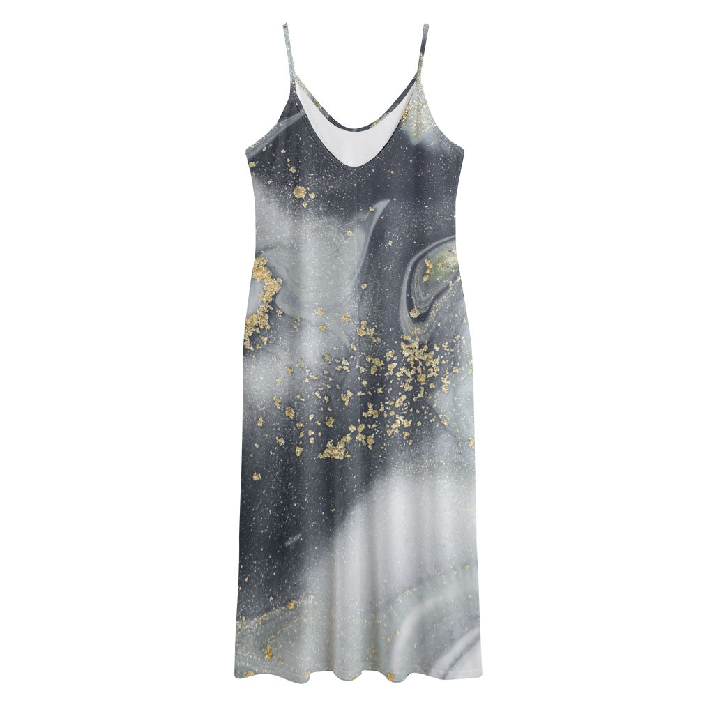 Grey Gold Liquid Marble Print Jersey Midi Cami Dress