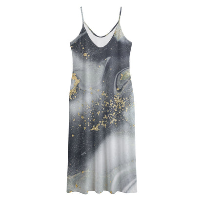 Grey Gold Liquid Marble Print Jersey Midi Cami Dress