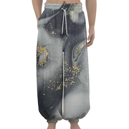 Grey Gold Liquid Marble Print Lantern Pants
