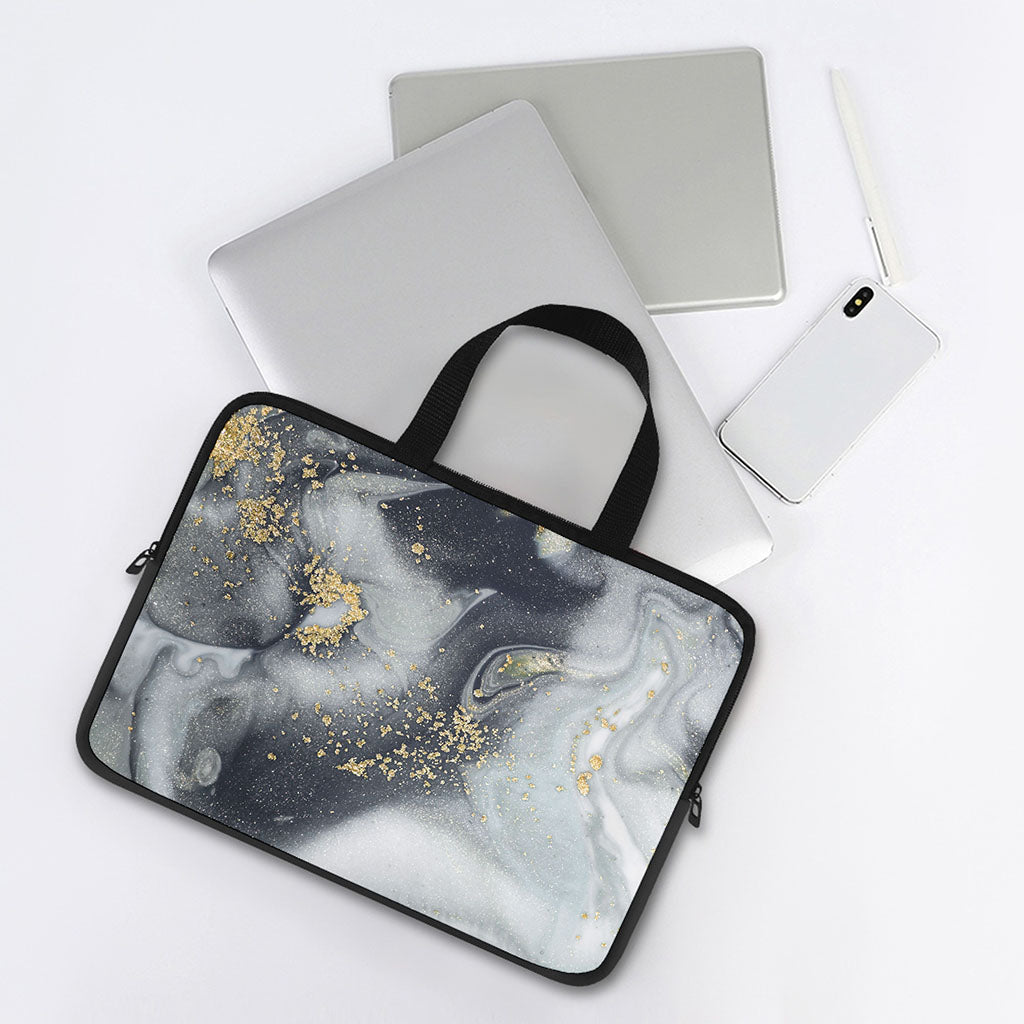 Grey Gold Liquid Marble Print Laptop Sleeve With Handle