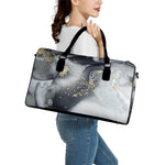 Grey Gold Liquid Marble Print Leather Duffle Bag