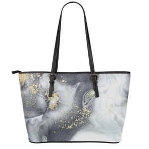 Grey Gold Liquid Marble Print Leather Tote Bag