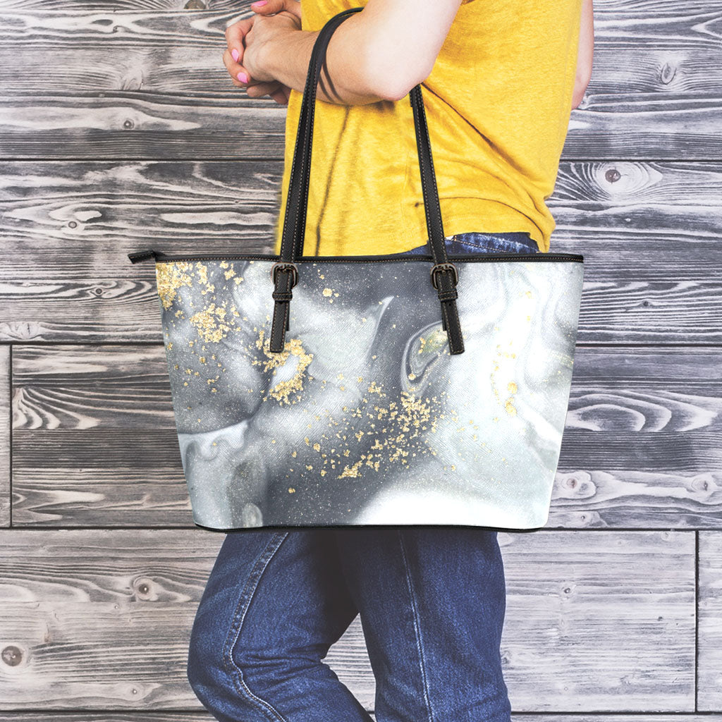 Grey Gold Liquid Marble Print Leather Tote Bag