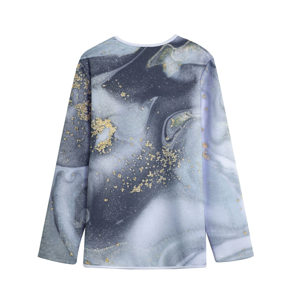 Grey Gold Liquid Marble Print Long Sleeve Short Coat