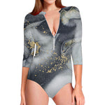 Grey Gold Liquid Marble Print Long Sleeve Swimsuit
