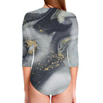 Grey Gold Liquid Marble Print Long Sleeve Swimsuit