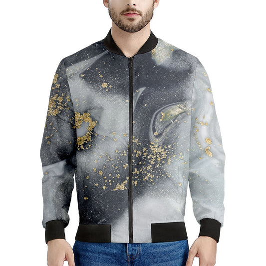 Grey Gold Liquid Marble Print Men's Bomber Jacket