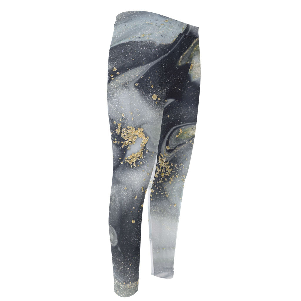 Grey Gold Liquid Marble Print Men's Compression Pants