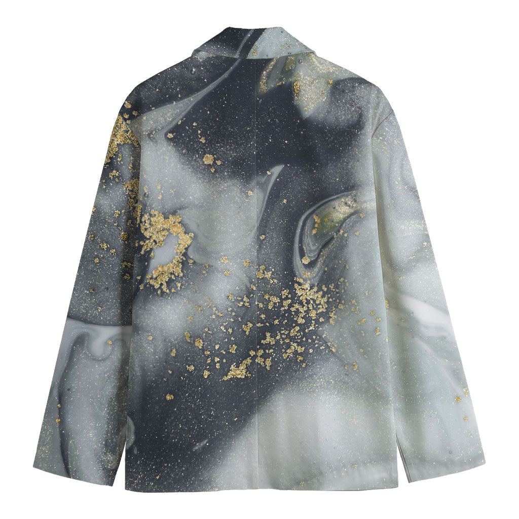 Grey Gold Liquid Marble Print Men's Cotton Blazer
