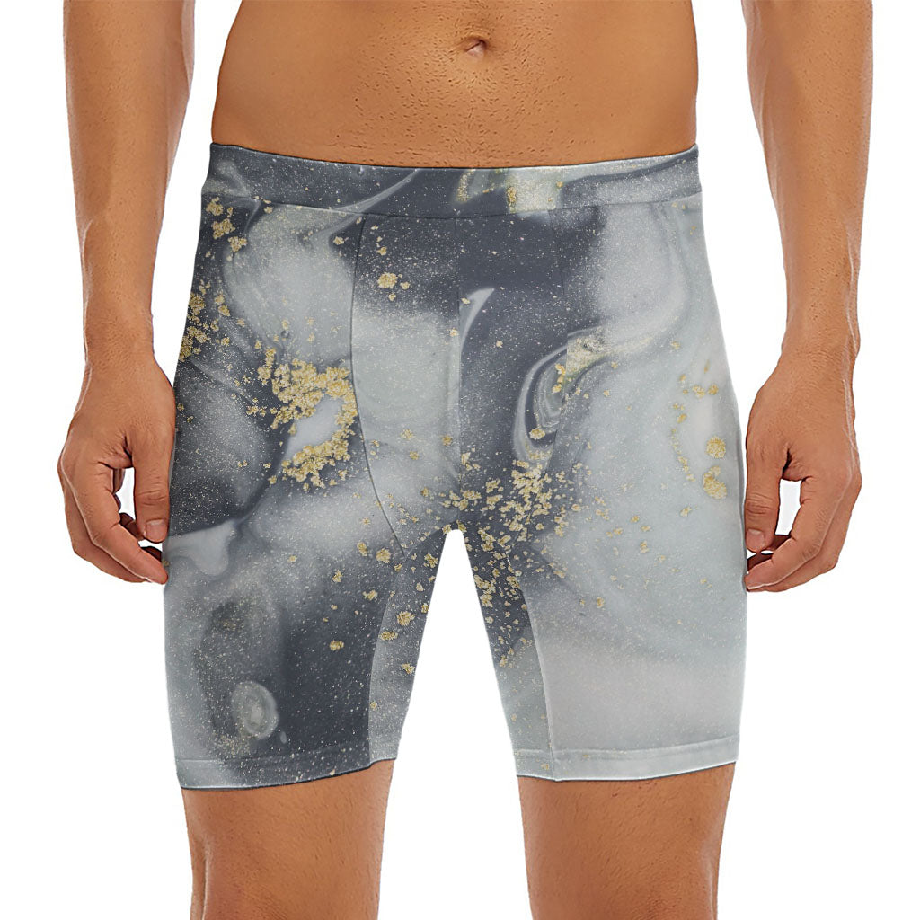 Grey Gold Liquid Marble Print Men's Long Boxer Briefs