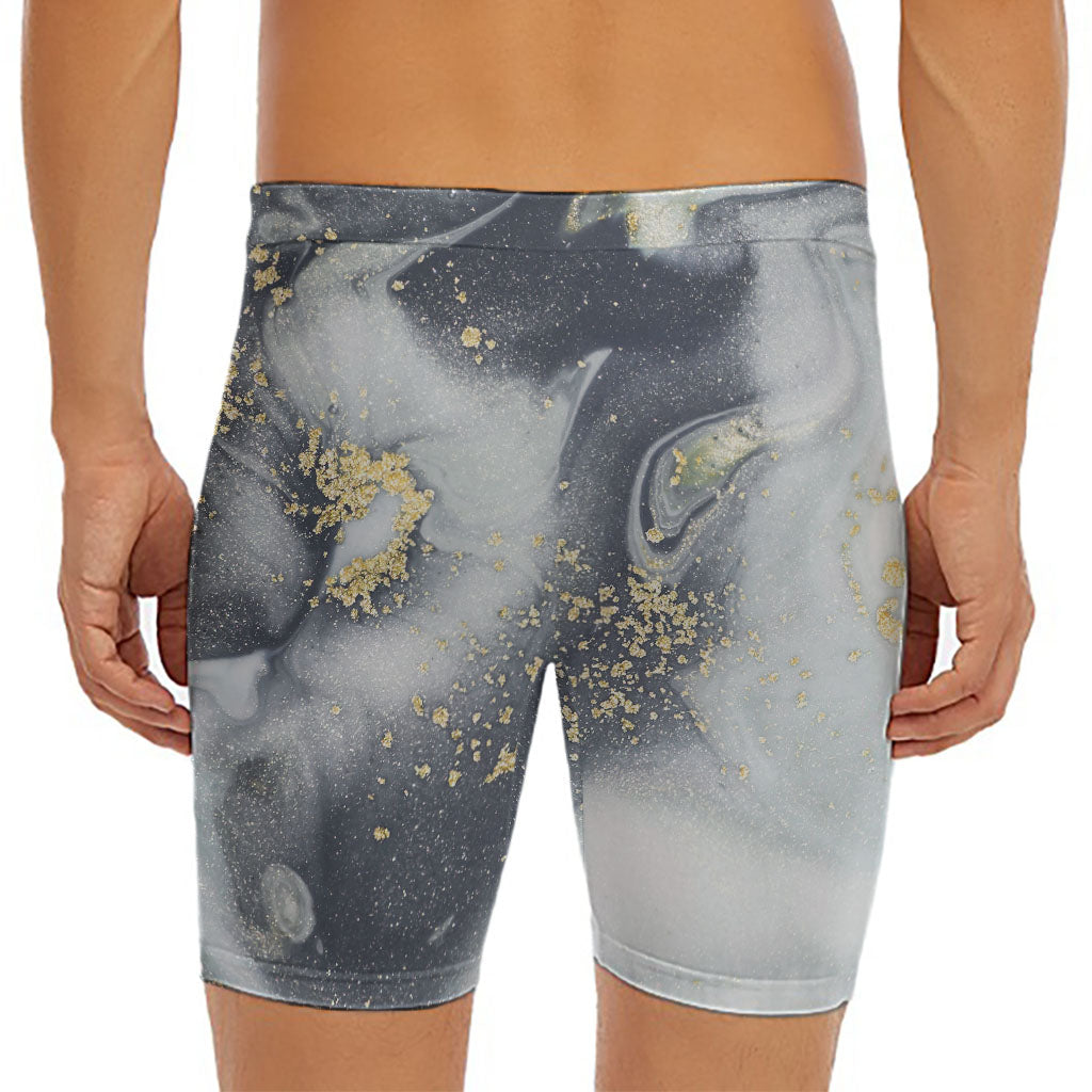 Grey Gold Liquid Marble Print Men's Long Boxer Briefs