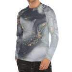 Grey Gold Liquid Marble Print Men's Long Sleeve Rash Guard