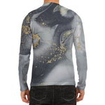 Grey Gold Liquid Marble Print Men's Long Sleeve Rash Guard