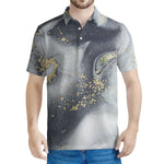 Grey Gold Liquid Marble Print Men's Polo Shirt