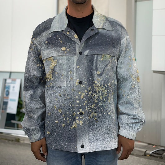 Grey Gold Liquid Marble Print Men's Shirt Jacket