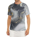 Grey Gold Liquid Marble Print Men's Short Sleeve Rash Guard