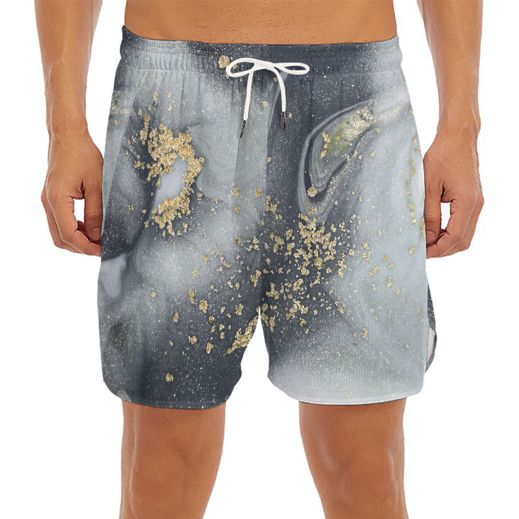 Grey Gold Liquid Marble Print Men's Split Running Shorts