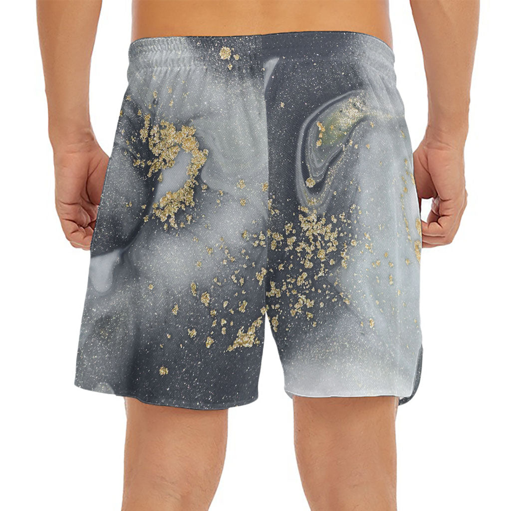 Grey Gold Liquid Marble Print Men's Split Running Shorts