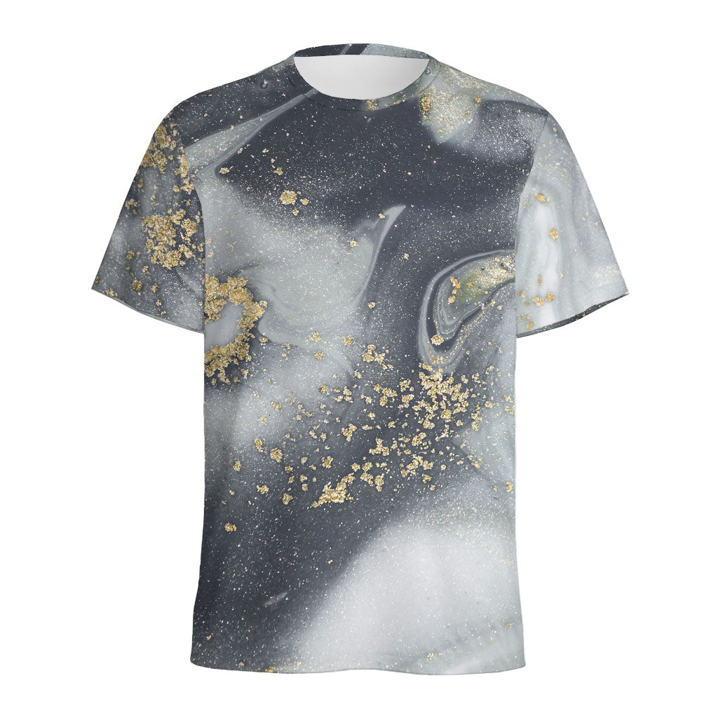 Grey Gold Liquid Marble Print Men's Sports T-Shirt