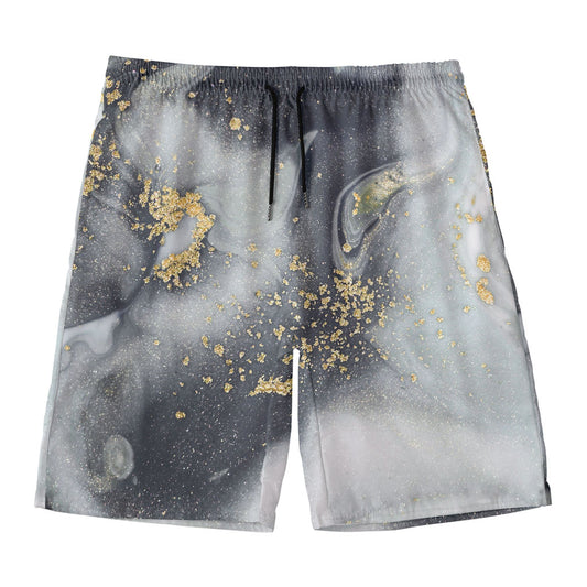 Grey Gold Liquid Marble Print Men's Swim Trunks