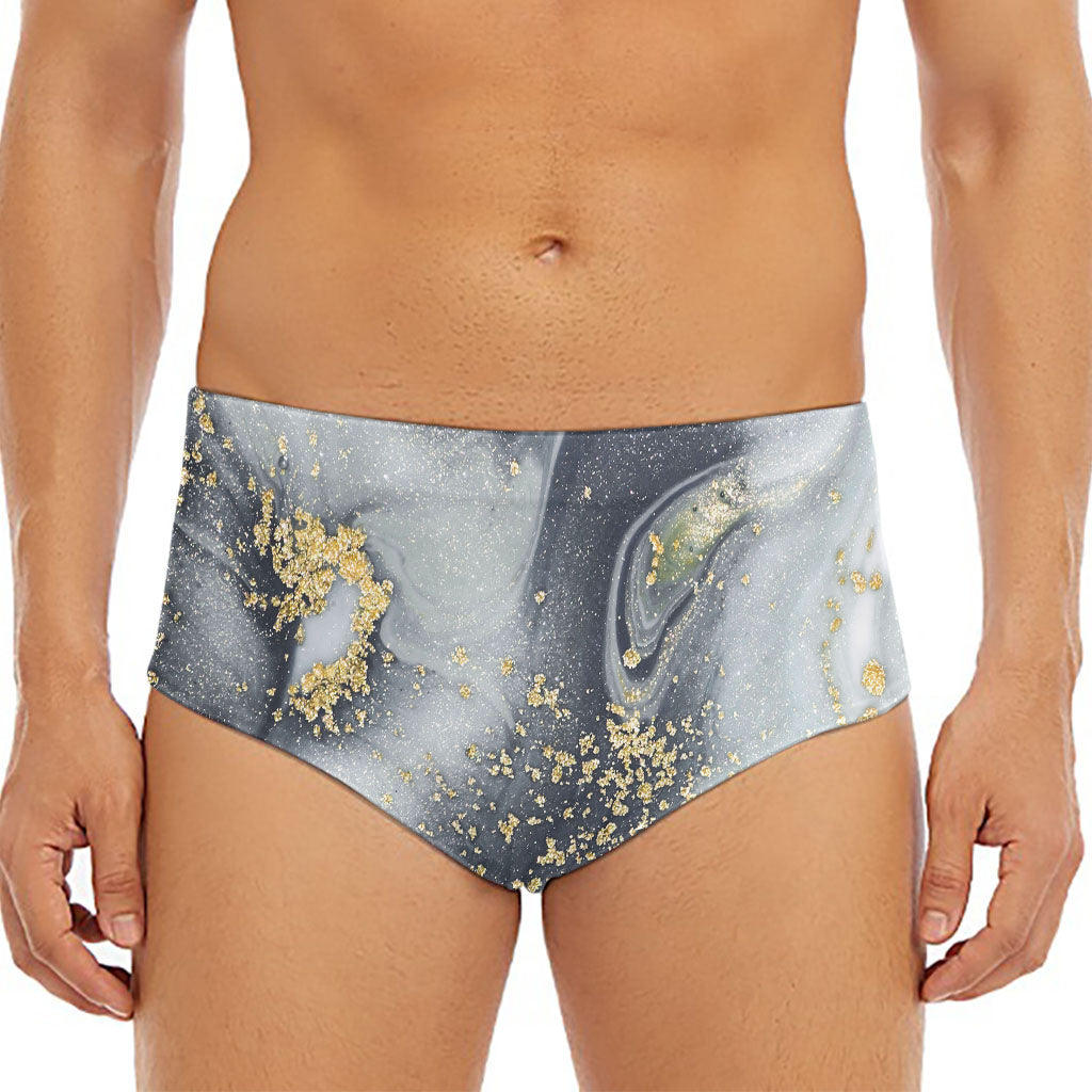 Grey Gold Liquid Marble Print Men's Triangle Swim Briefs