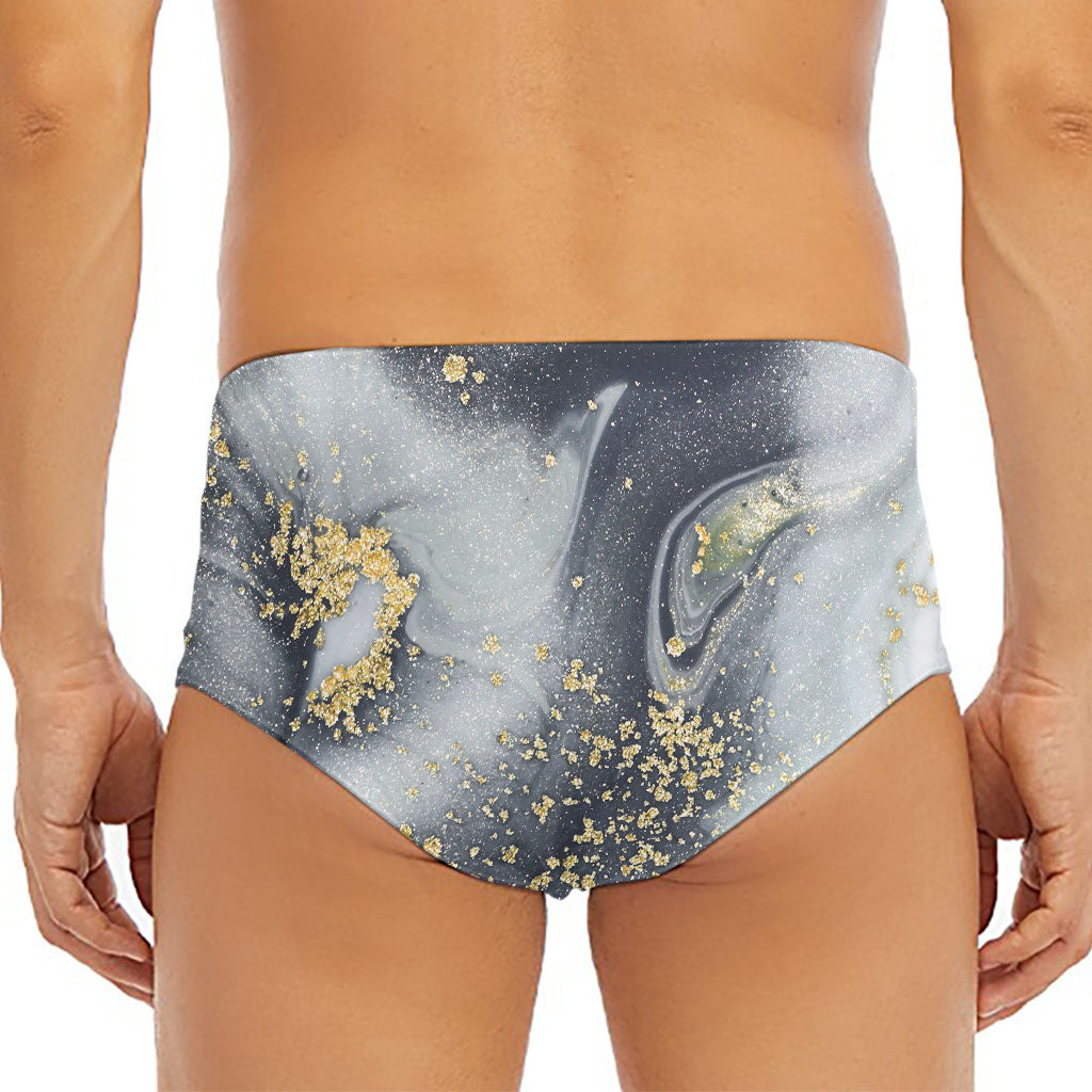 Grey Gold Liquid Marble Print Men's Triangle Swim Briefs