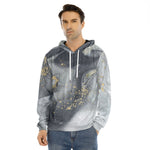 Grey Gold Liquid Marble Print Men's Velvet Pullover Hoodie