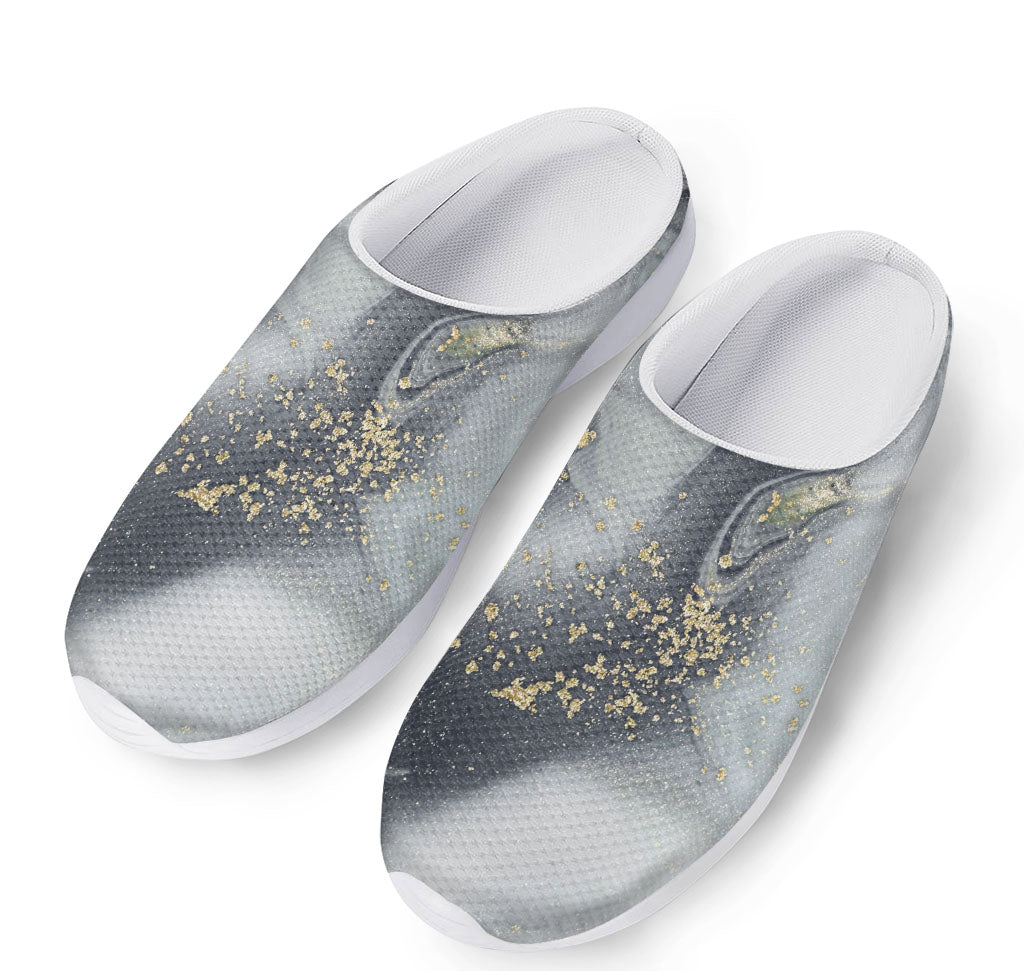Grey Gold Liquid Marble Print Mesh Casual Shoes