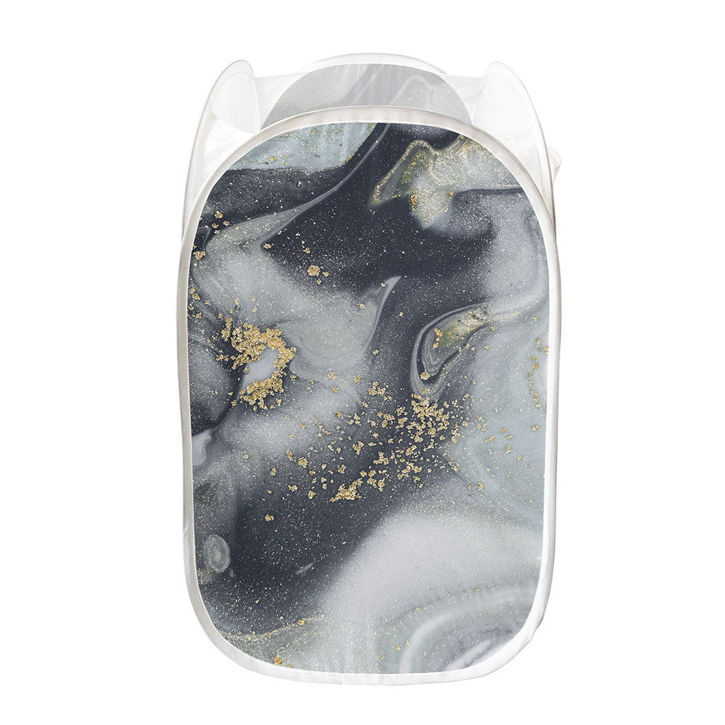 Grey Gold Liquid Marble Print Mesh Laundry Hamper