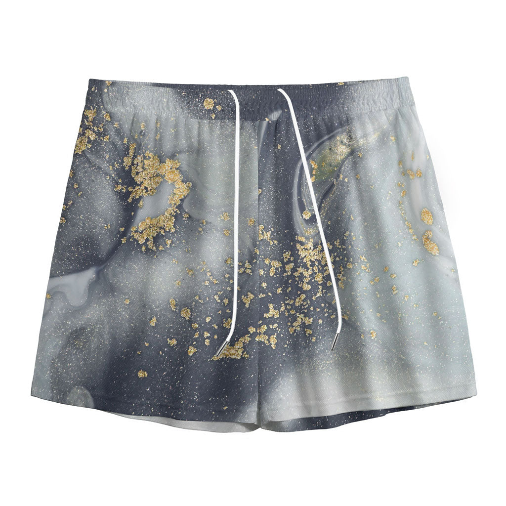 Grey Gold Liquid Marble Print Mesh Shorts