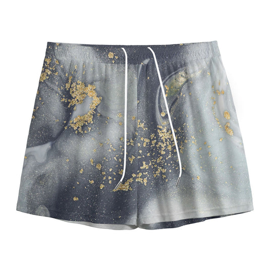 Grey Gold Liquid Marble Print Mesh Shorts