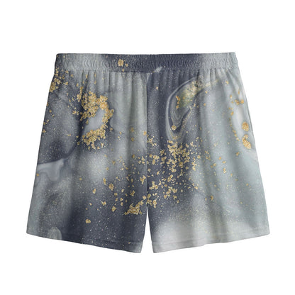 Grey Gold Liquid Marble Print Mesh Shorts