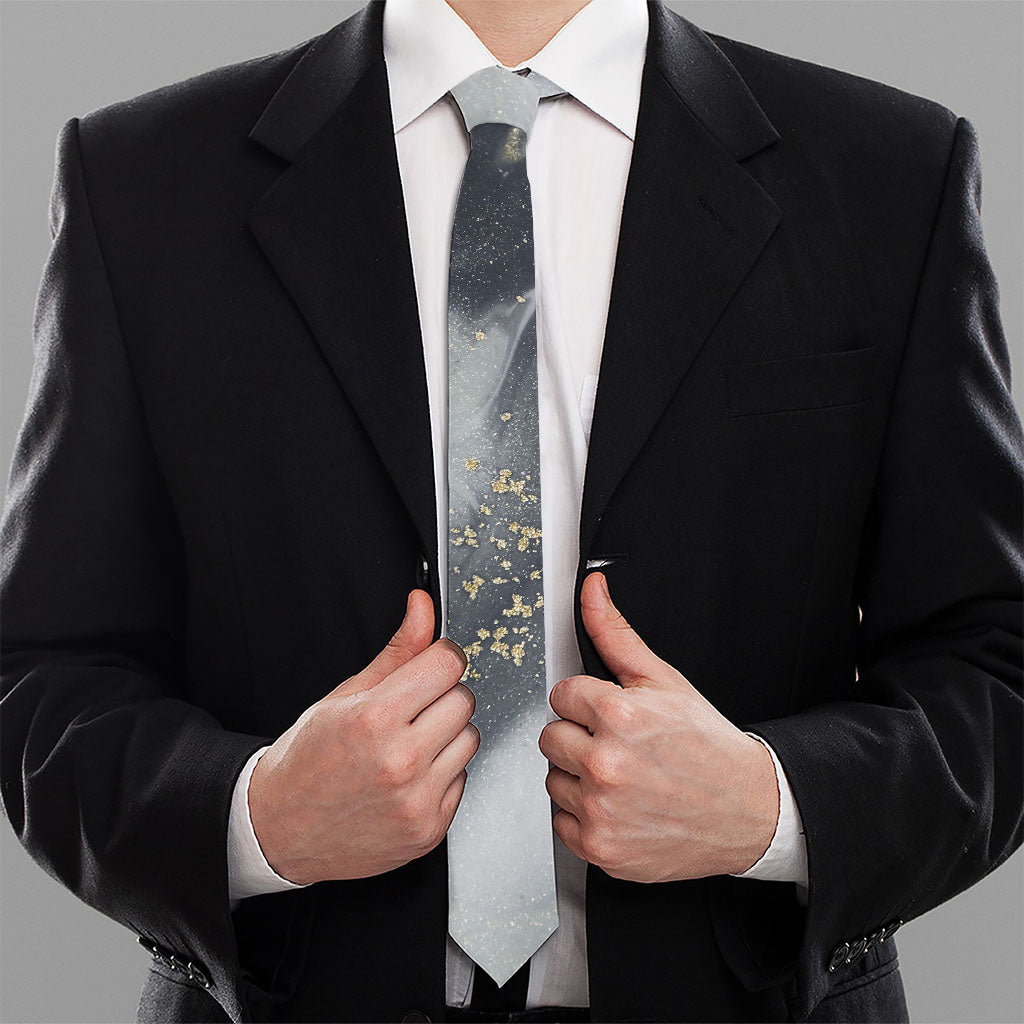 Grey Gold Liquid Marble Print Necktie
