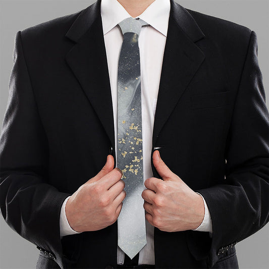 Grey Gold Liquid Marble Print Necktie
