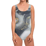 Grey Gold Liquid Marble Print One Piece Swimsuit